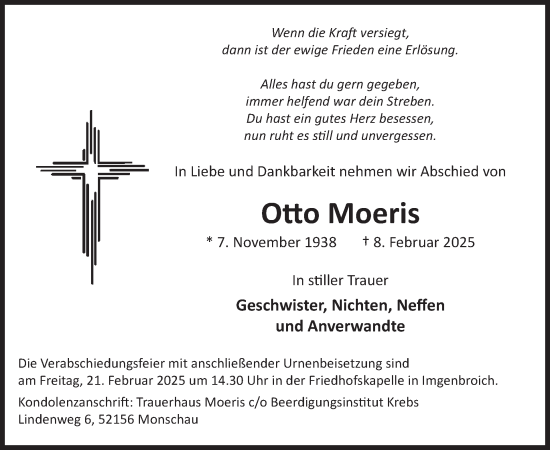 Traueranzeige von Otto Moeris von WochenSpiegel