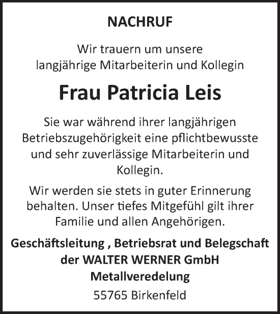 Traueranzeige von Patricia Leis von WochenSpiegel