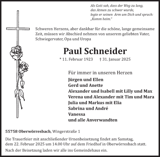 Traueranzeige von Paul Schneider von WochenSpiegel