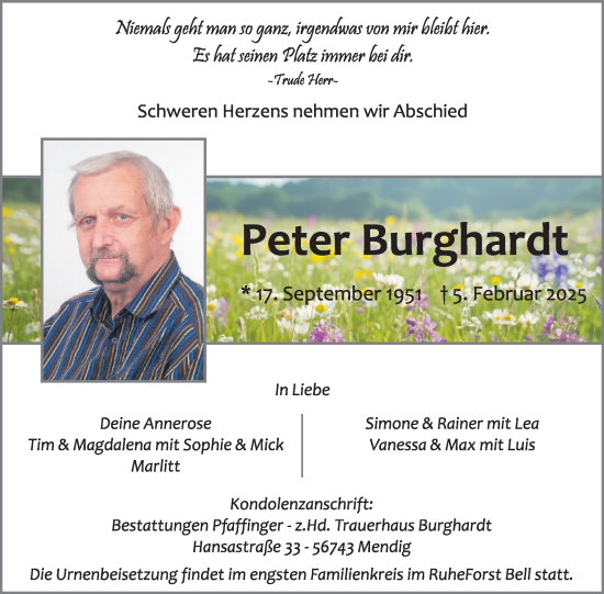 Traueranzeige von Peter Burghardt von WochenSpiegel