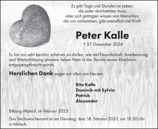 Traueranzeige von Peter Kalle von WochenSpiegel