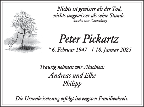 Traueranzeige von Peter Pickartz von WochenSpiegel