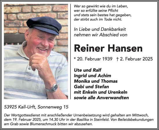 Traueranzeige von Reiner Hansen von WochenSpiegel