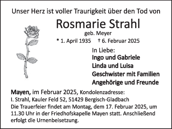 Traueranzeige von Rosmarie Strahl von WochenSpiegel