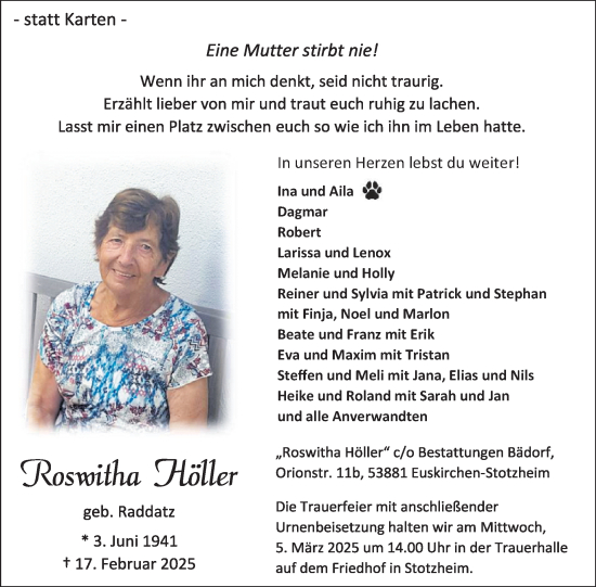 Traueranzeige von Roswitha Höller von WochenSpiegel