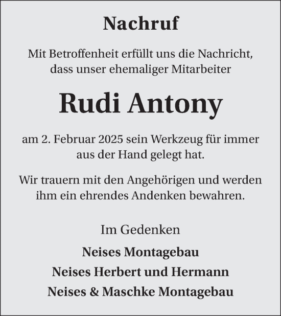 Traueranzeige von Rudi Antony von WochenSpiegel