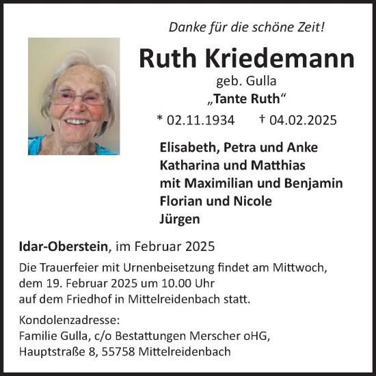 Traueranzeige von Ruth Kriedemann von WochenSpiegel