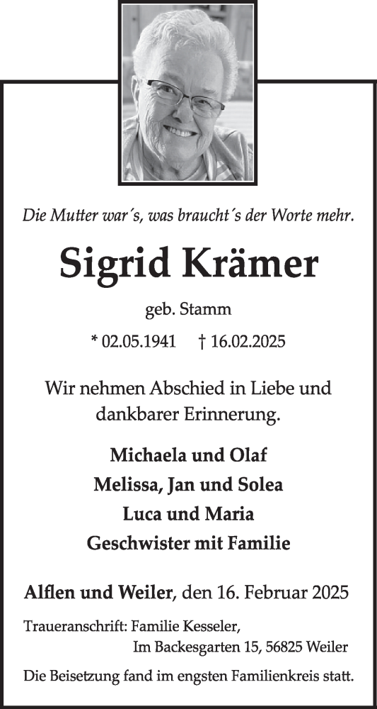 Traueranzeige von Sigrid Krämer von WochenSpiegel