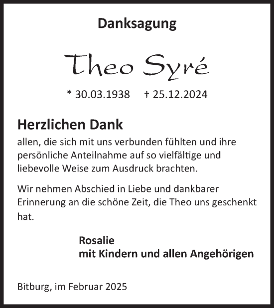 Traueranzeige von Theo Syre von WochenSpiegel