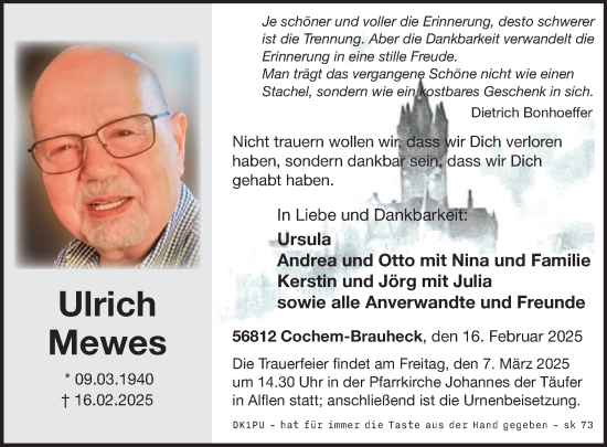 Traueranzeige von Ulrich Mewes von WochenSpiegel