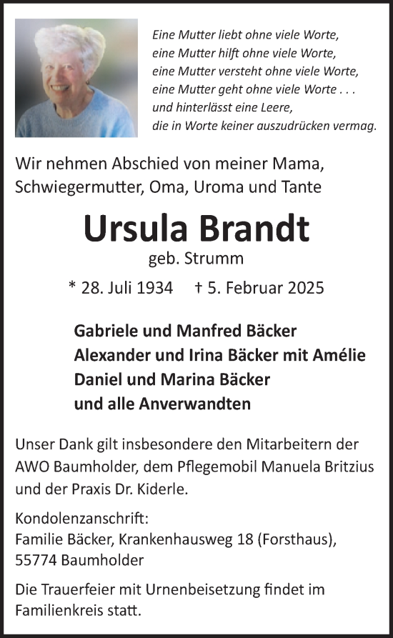 Traueranzeige von Ursula Brandt von WochenSpiegel