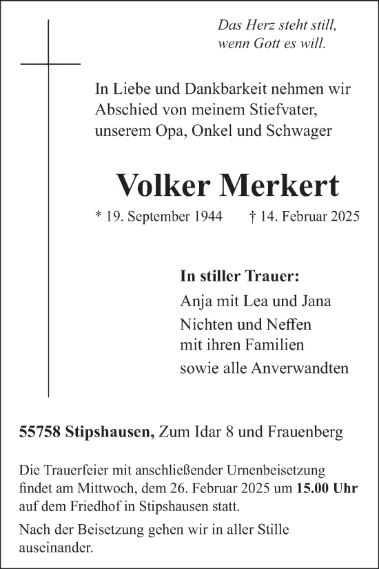 Traueranzeige von Volker Merkert von WochenSpiegel