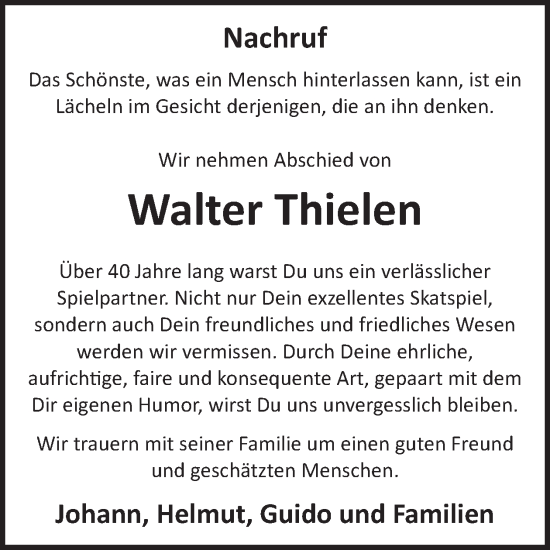 Traueranzeige von Walter Thielen von WochenSpiegel