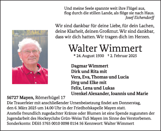 Traueranzeige von Walter Wimmert von WochenSpiegel