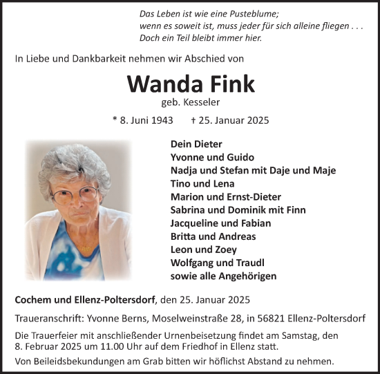 Traueranzeige von Wanda Fink von WochenSpiegel