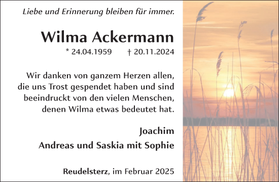 Traueranzeige von Wilma Ackermann von WochenSpiegel