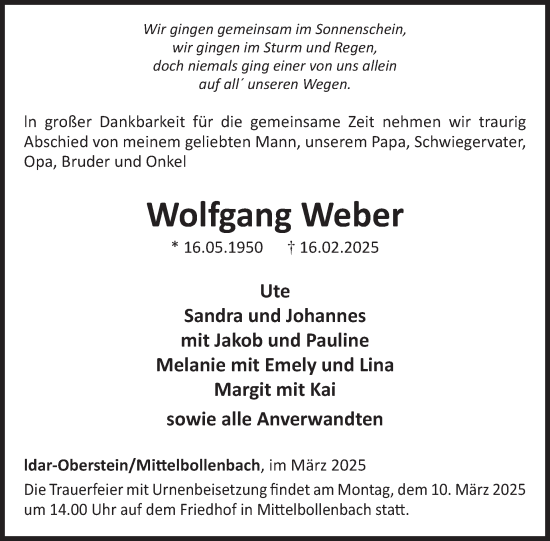 Traueranzeige von Wolfgang Weber von WochenSpiegel