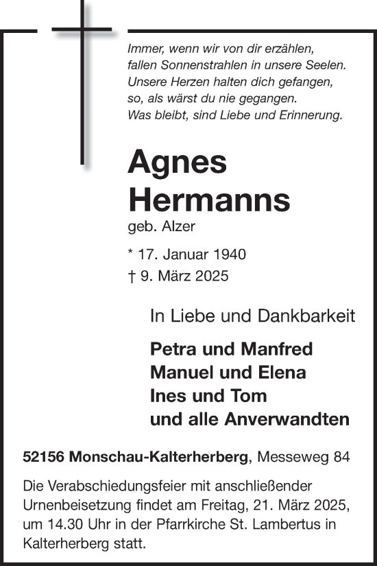 Traueranzeige von Agnes Hermanns von WochenSpiegel