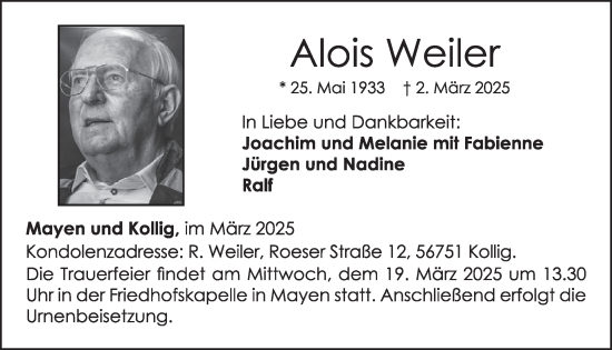 Traueranzeige von Alois Weiler von WochenSpiegel