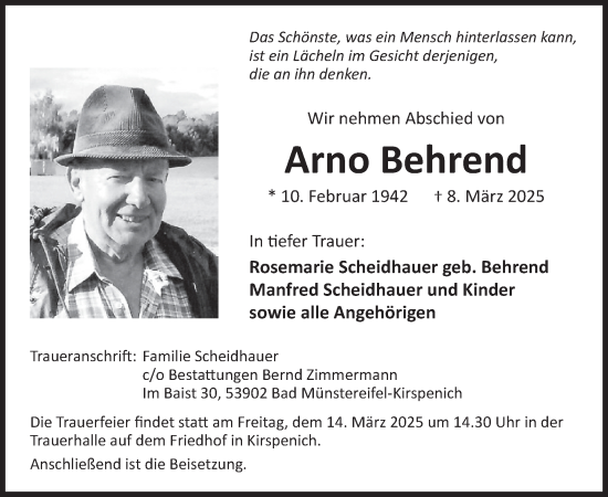 Traueranzeige von Arno Behrend von WochenSpiegel