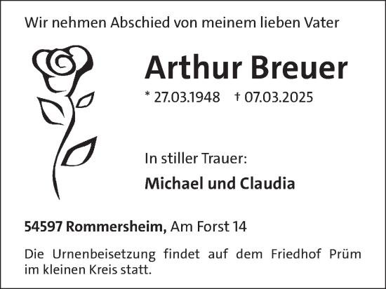 Traueranzeige von Arthur Breuer von WochenSpiegel