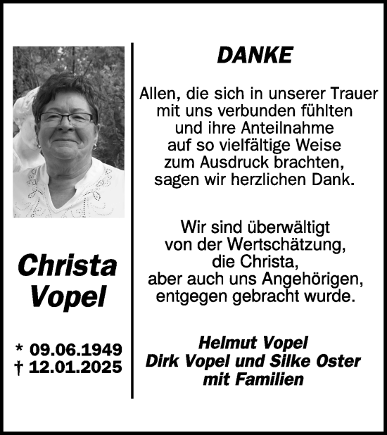 Traueranzeige von Christa Vopel von WochenSpiegel