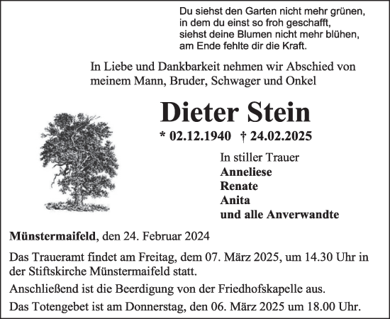 Traueranzeige von Dieter Stein von WochenSpiegel