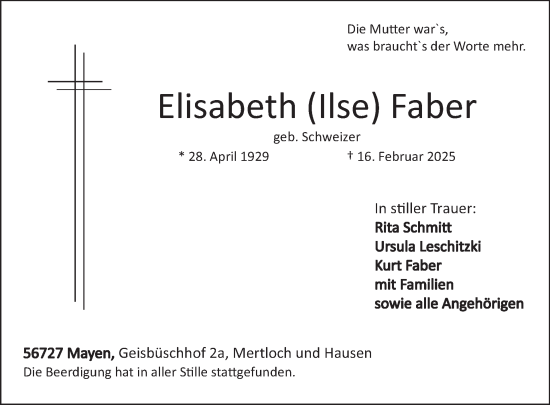 Traueranzeige von Elisabeth (Ilse) Faber von WochenSpiegel