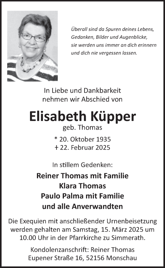 Traueranzeige von Elisabeth Küpper von WochenSpiegel