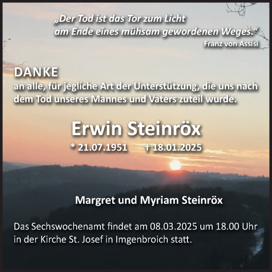 Traueranzeige von Erwin Steinröx von WochenSpiegel