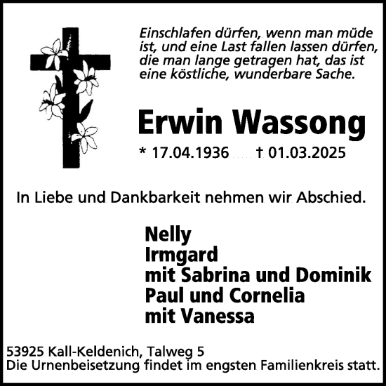 Traueranzeige von Erwin Wassong von WochenSpiegel