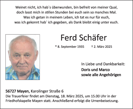 Traueranzeige von Ferd Schäfer von WochenSpiegel