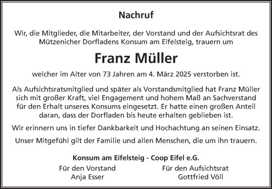 Traueranzeige von Franz Müller von WochenSpiegel