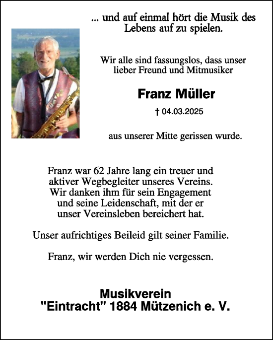 Traueranzeige von Franz Müller von WochenSpiegel