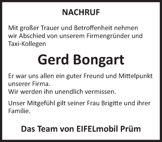 Traueranzeige von Gerd Bongart von WochenSpiegel