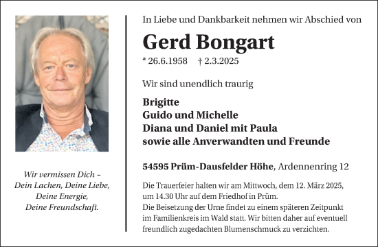 Traueranzeige von Gerd Bongart von WochenSpiegel