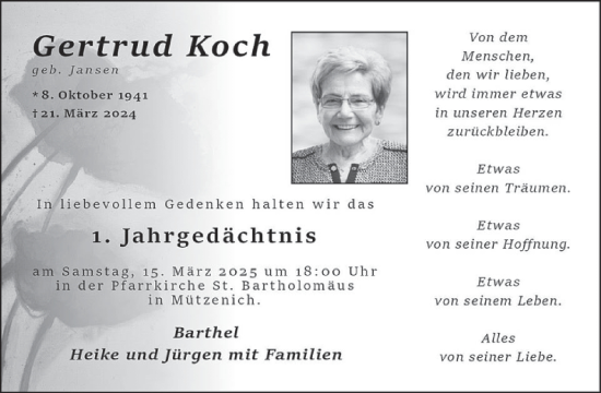 Traueranzeige von Gertrud Koch von WochenSpiegel