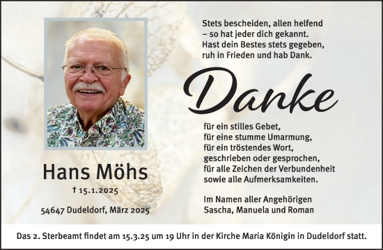 Traueranzeige von Hans Möhs von WochenSpiegel