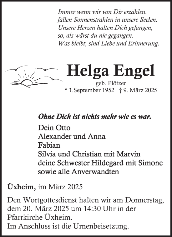 Traueranzeige von Helga Engel von WochenSpiegel