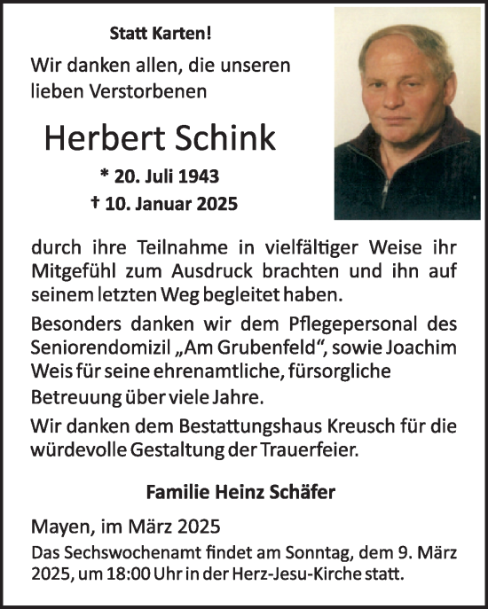 Traueranzeige von Herbert Schink von WochenSpiegel