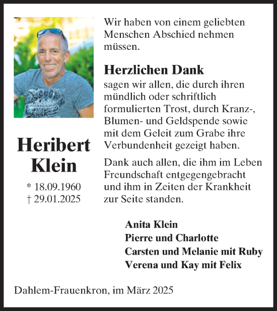 Traueranzeige von Heribert Klein von WochenSpiegel