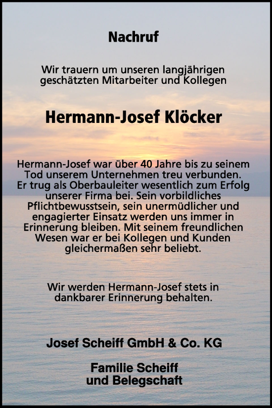 Traueranzeige von Hermann-Josef Klöcker von WochenSpiegel