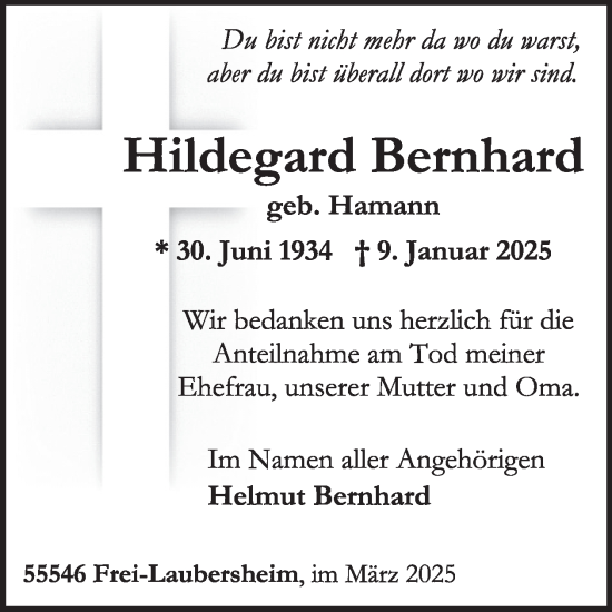 Traueranzeige von Hildegard Bernhard von WochenSpiegel