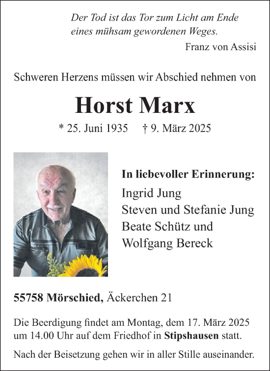 Traueranzeige von Horst Marx von WochenSpiegel