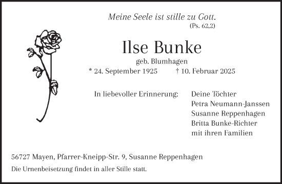 Traueranzeige von Ilse Bunke von WochenSpiegel