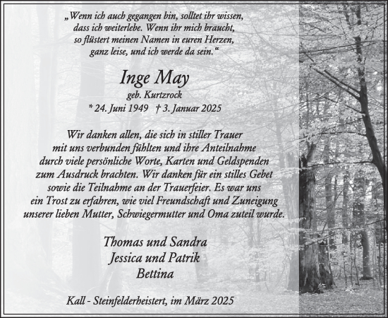 Traueranzeige von Inge May von WochenSpiegel