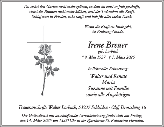 Traueranzeige von Irene Breuer von WochenSpiegel