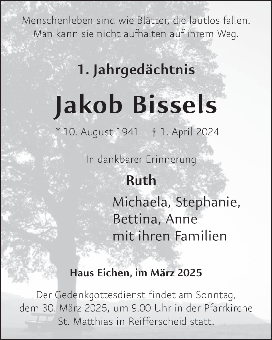 Traueranzeige von Jakob Bissels von WochenSpiegel