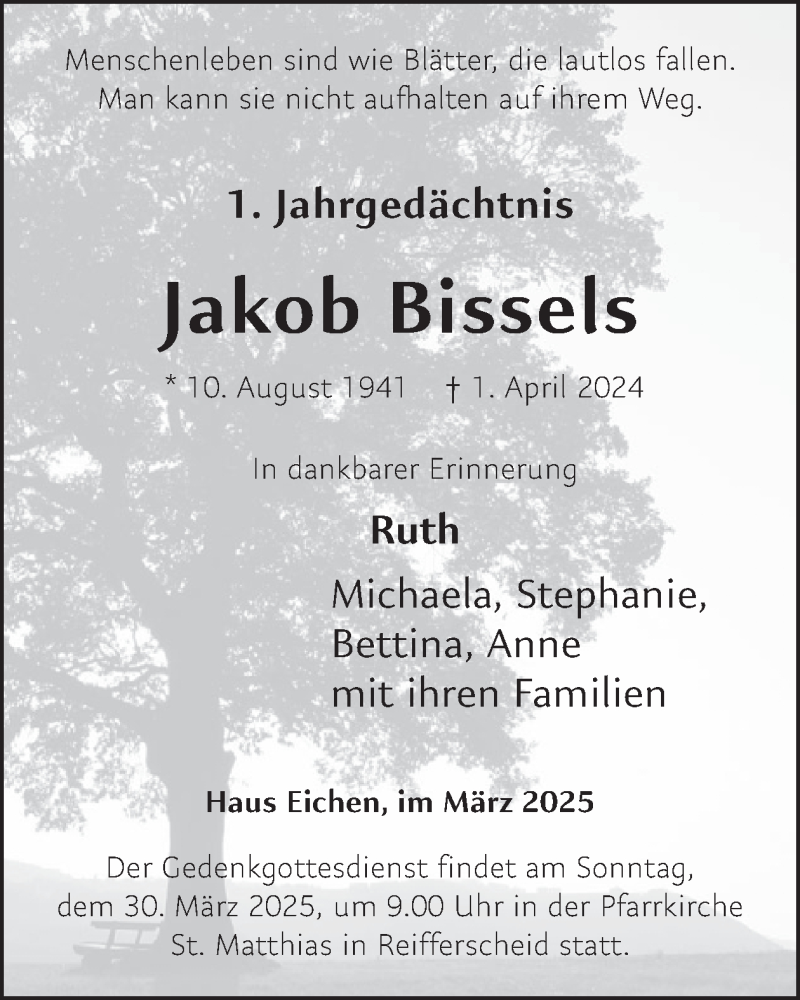  Traueranzeige für Jakob Bissels vom 19.03.2025 aus WochenSpiegel