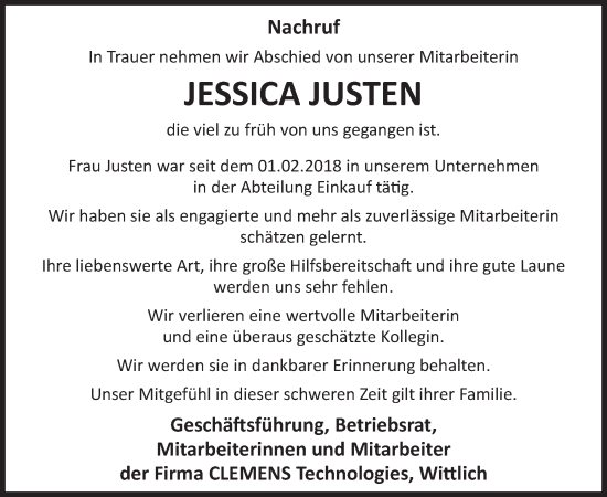 Traueranzeige von Jessica Justen von WochenSpiegel